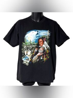 Vintage 90s Wolf Native Western Graphic T Shirt Southwest Biker Nature Black L